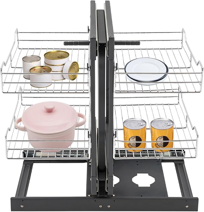 2-tier Pull-Out Basket Organizer, Heavy Duty Kitchen Left or Right Handed Open Corner Cabinet Organizer Detachable Baskets Corner Pull Out Rack (Lines)