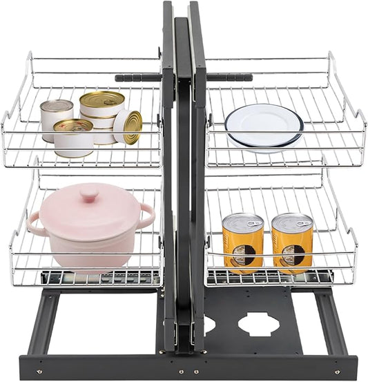 2-tier Pull-Out Basket Organizer, Heavy Duty Kitchen Left or Right Handed Open Corner Cabinet Organizer Detachable Baskets Corner Pull Out Rack (Lines)