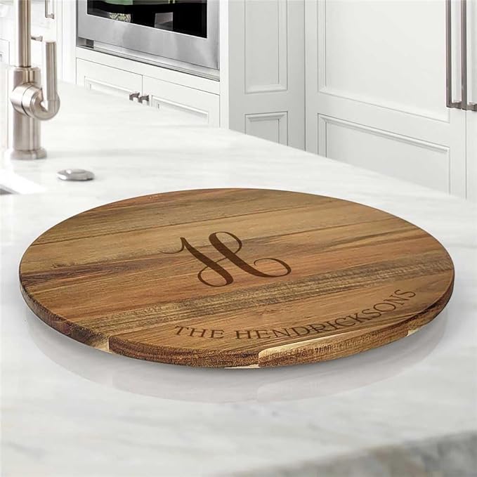 Engraved Family Name and Script Initial Personalized Lazy Susan, 16" Rotating Tray Brown