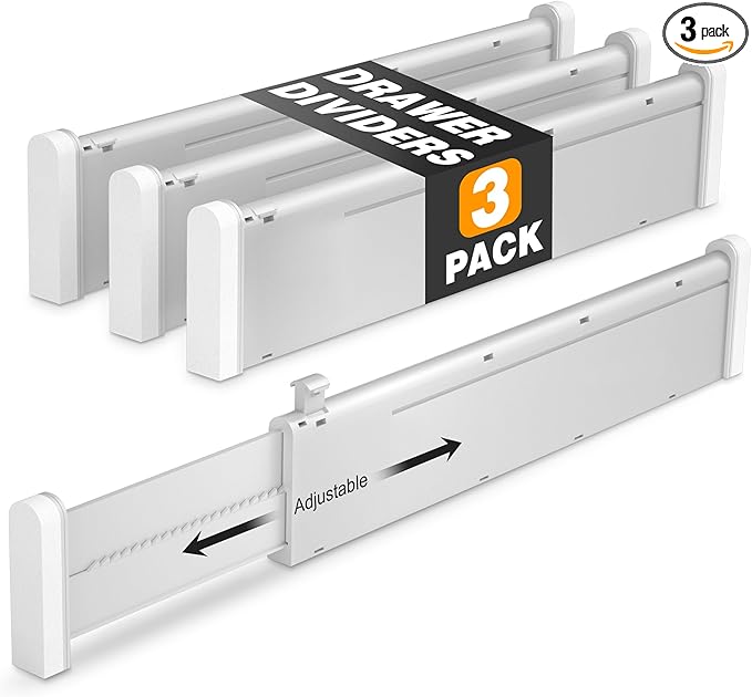 HiYZ Expandable Drawer Dividers - 12.6-22.8'' Adjustable Drawers Organizers for Kitchen Utensils, Drawer Separators in Bedroom, Dresser, Office, Bathroom, Fridge, 3 Pack Long Dividers-Gray