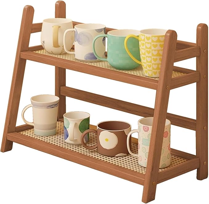 Household 2-Tier Cup Shelf Organizer, Kitchen Counter Shelf for Tea Coffee Bar Accessories, Bamboo Mug Holder Countertop, Matcha Stand, Cup Display, Condiment Storage Rack - Brown