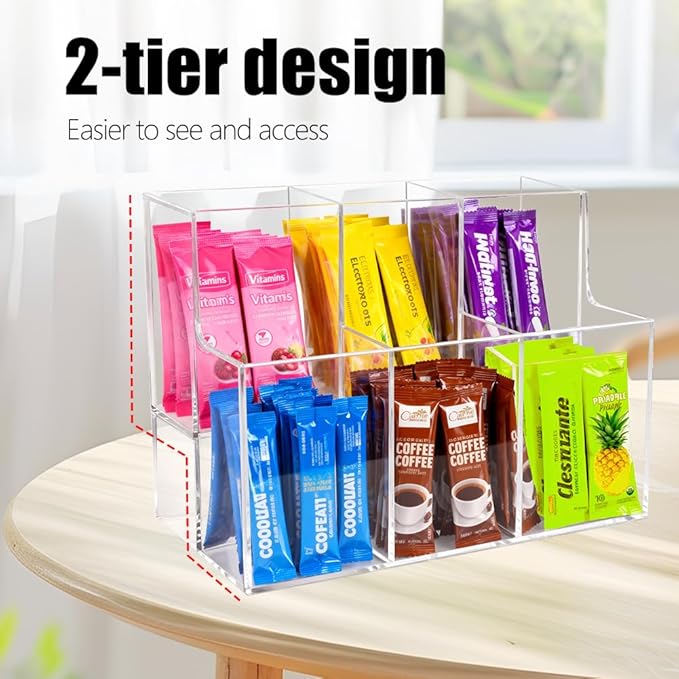 2-Tier Acrylic Drink Packet Organizer for Water Flavor & Hydration Powdered Mixes, Pantry Cabinet Kitchen Storage Holder Container (1 Pack)