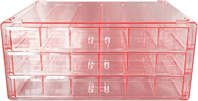 Acrylic Earrings Jewelry Organizer with 3 Drawers 72 grids, Stackable Necklace Rings Display Storage Case Box Holder, Clear pink