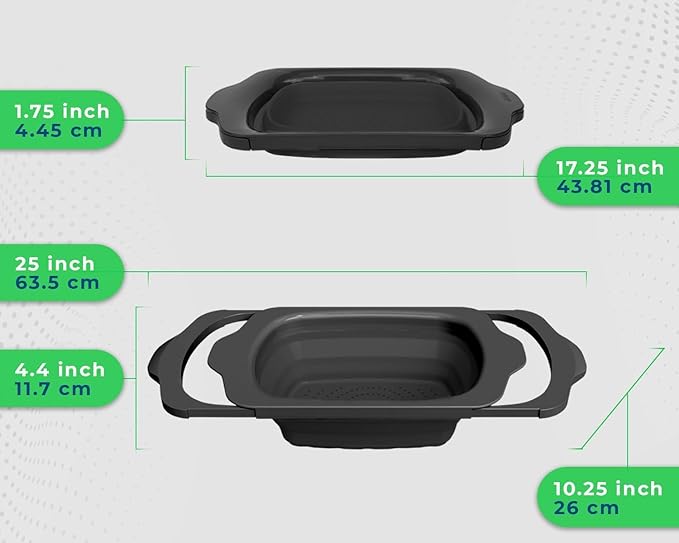 Comfify Over-the-Sink Colander with Handles – Sleek Plastic Black Kitchen Strainer for Pasta, Vegetables & Fruits – Space-Saving Design – 17.1" x 10.1" x 1.4"