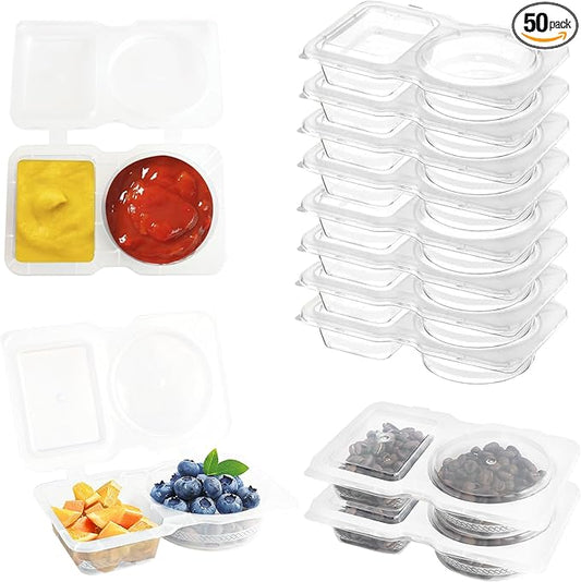 Plastic Reusable Snack Containers With Lids 50pcs,Double Compartment Condiment Container For Take-Out Sauces Outdoor Travel (50)