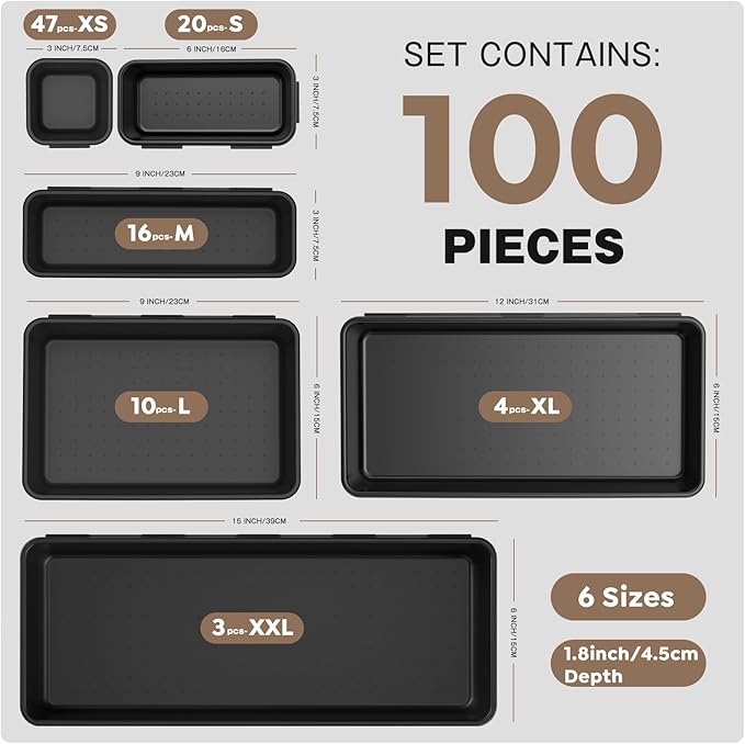 A-LuGei 【𝟲 𝗦𝗜𝗭𝗘】 Tool Box Organizer Tray Set【Fits 100+ Tools】 Black Plastic Drawer Divider Desk Drawer Organizer Garage Organization for Rolling Tool Chest Cart Workbench Office Storage