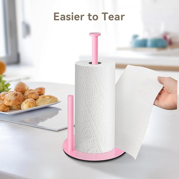 Pink Paper Towel Holder, Paper Towel Holder Countertop with Anti Slip Weighted Base, Stainless Steel Freestanding Paper Towel Holders for Kitchen