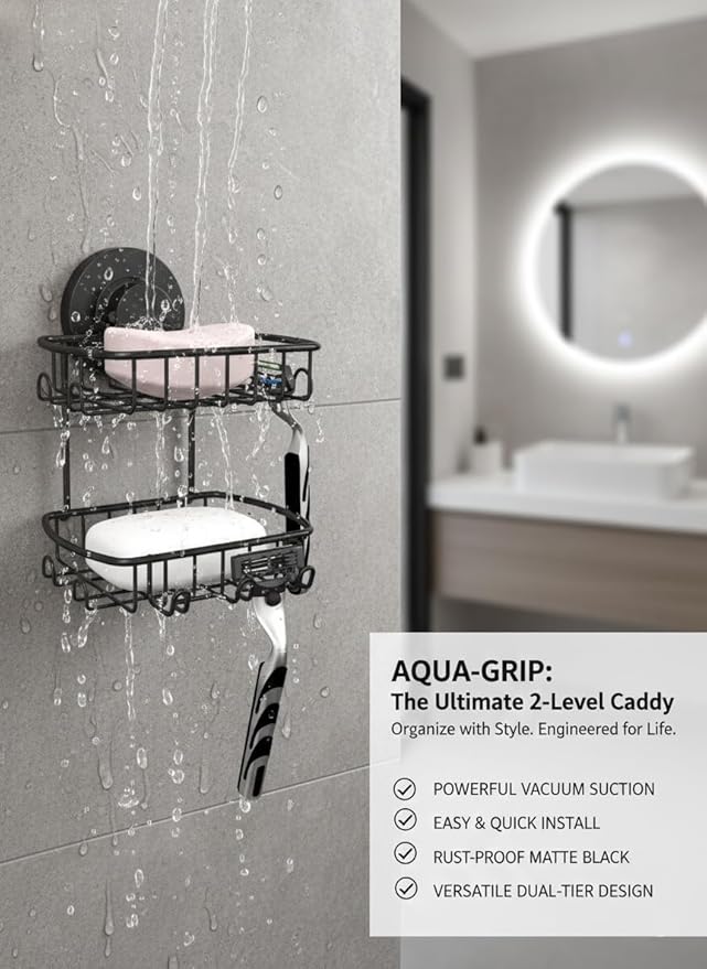 Soap Dish for Shower Suction Cup Powerful Vacuum System Rustproof 304 Stainless Steel Basket Sponges Holder with Razor Hooks for Bathroom or Kitchen Soap Holder, 2 Tier (Black)