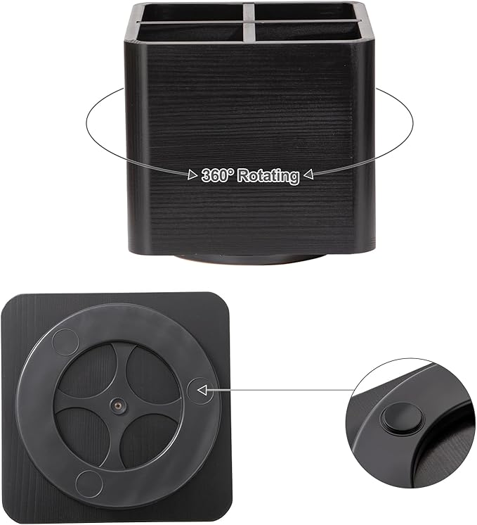 Extra Large Rotating Utensil Holder for Kitchen Counter, Large Wooden Utensil Holder with 4 Compartments, Black