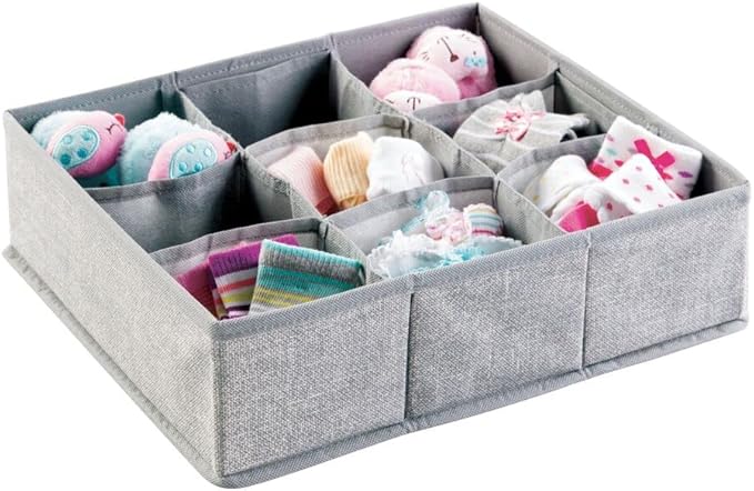 mDesign Soft Fabric 9 Section Dresser Drawer and Closet Storage Organizer for Child/Kids Room, Nursery, Playroom - Divided Large Organizer Bin - Textured Print with Solid Trim, 2 Pack - Gray