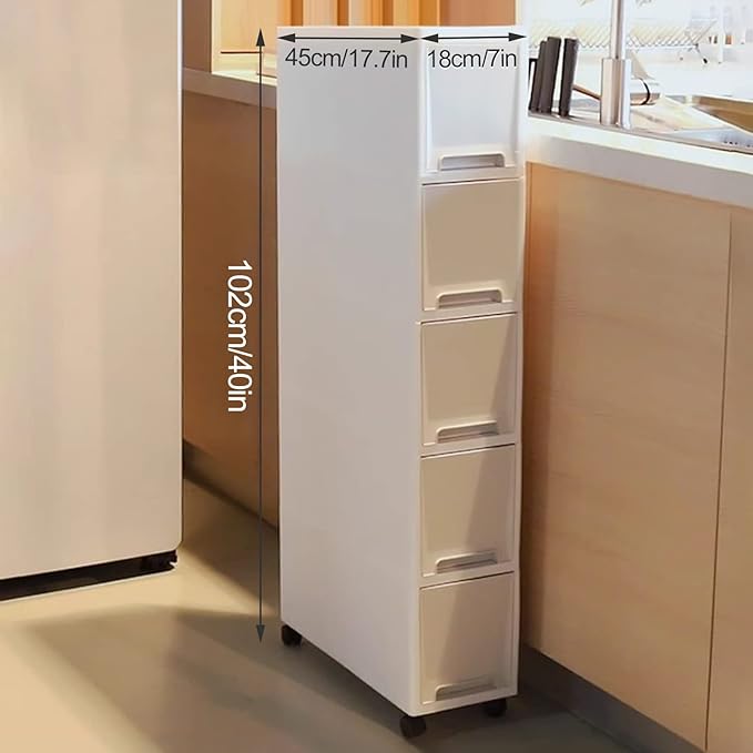 7in Narrow Slim Rolling Storage Cart, 5 Tier Kitchen Small Bathroom Storage Cabinet Beside Fridge Small Plastic Rolling Shelf with Drawers