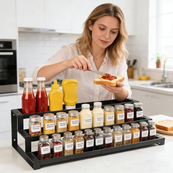 3-Tier Spice Rack Organizer, 16"-29" Expandable Adjustable Shelf, Slip-Resistant Metal Storage for Kitchen Cabinet Countertop Pantry, Seasoning Jar Bottle Display Stand, Black