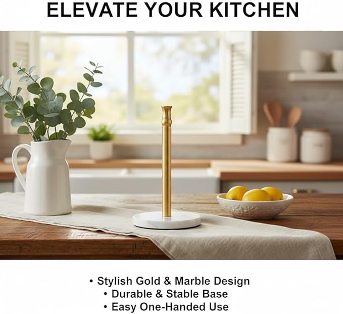 Paper Towel Holder Stand, One-Handed Ripping Paper Towel Roll Holder Countertop, Heavy Marble Base, NOT Tip Over - (Marble Base, Gold)