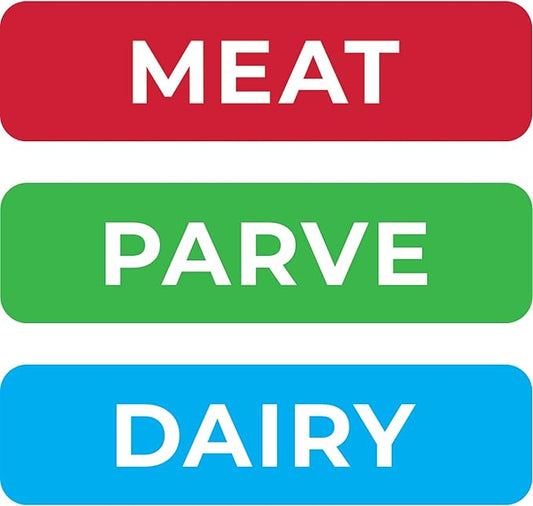 Kosher Sticker Labels, 48-Pack, 16 Blue Dairy, 16 Red Meat, 16 Green Parve Stickers, Oven Proof up to 500° F, Freezable, Microwavable, Dishwasher Safe, English, Color Coded Tools