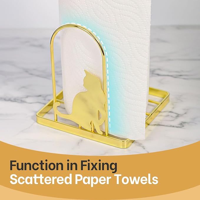 Paper Towel Holder for Countertop, Kitchen Paper Towel Stand with Cat Pattern Decoration，Fit Standard Jumbo Roll in Dining Table or Bathroom, Toilet Paper Dispenser with Heavy Duty Base (Gold)