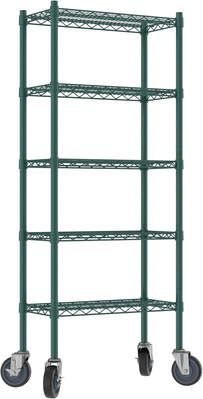 Commercial NSF Listed Green Epoxy Mobile Wire Shelving Kit 12" x 24" x 60", with 5 Shelves Perfect for Warehouse, Walk-in Refrigerator, Freezer, Grocery Store, Restaurant, Dishroom