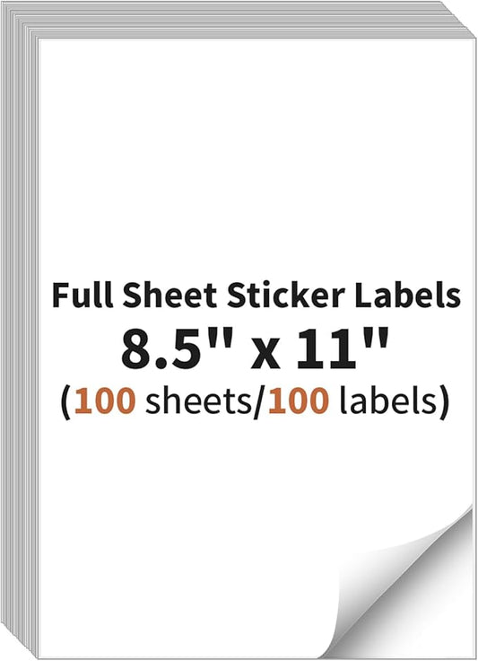 Full Sheet Sticker Labels, 8.5" x 11" Shipping Labels Paper (100 Sheets, 100 Labels), Self Adhesive Full Sheet White Matte Label Paper, Address Sticker Labels for Laser & Inkjet Printer