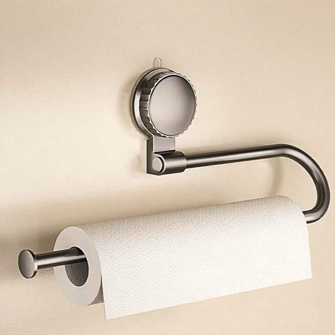 Paper Towel Holder Under Cabinet No Drilling, Suction Cup Metal Bathroom Towel Bar Wall Mount for Kitchen, RV, Bathroom