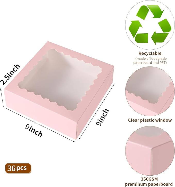 36 pcs 9x9x2.5 Inches Bakery Boxes with Window, Cake Pastry Cookie Mini Pie Box for Pastry,Dessert,Strawberries,Chocolates box (Pink)