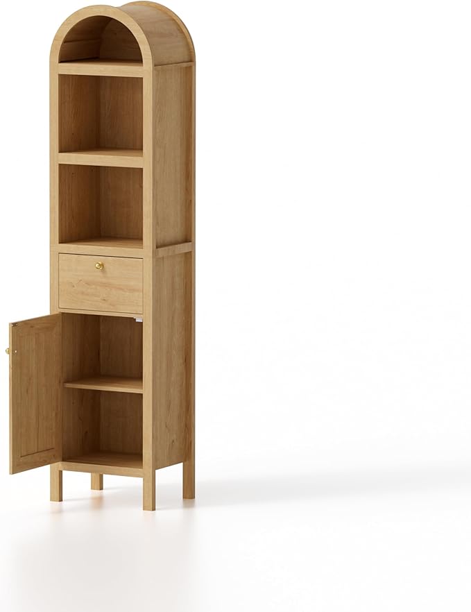 Arched Tall Cabinet 67", Adjustable Shelf Bathroom Storage with Door & Drawer, Narrow Farmhouse Pantry Cabinet for Kitchen, Study Room, Hallway, Easy Assembly - Natural Oak