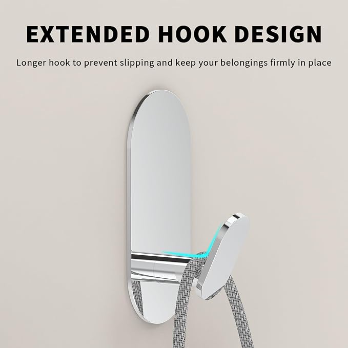 Adhesive Towel Hooks for Bathrooms 2 Pack Polished Chrome Stainless Steel and Zinc Alloy Sticky Wall Hooks for Hanging Heavy Duty Self Adhesive Robe Shower Hanger for Kitchen, Closet, Cabinet, Door