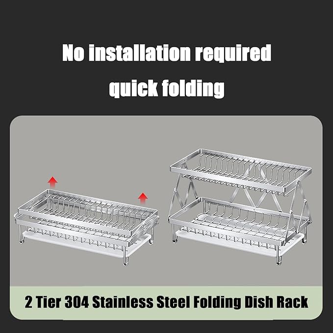 Dish Drying Rack, 304 Stainless Steel Foldable 2 Tier with Hanging Rack for Kitchen Counter, Dish Rack for Dishes, Utensils, Knives and Cutting Board