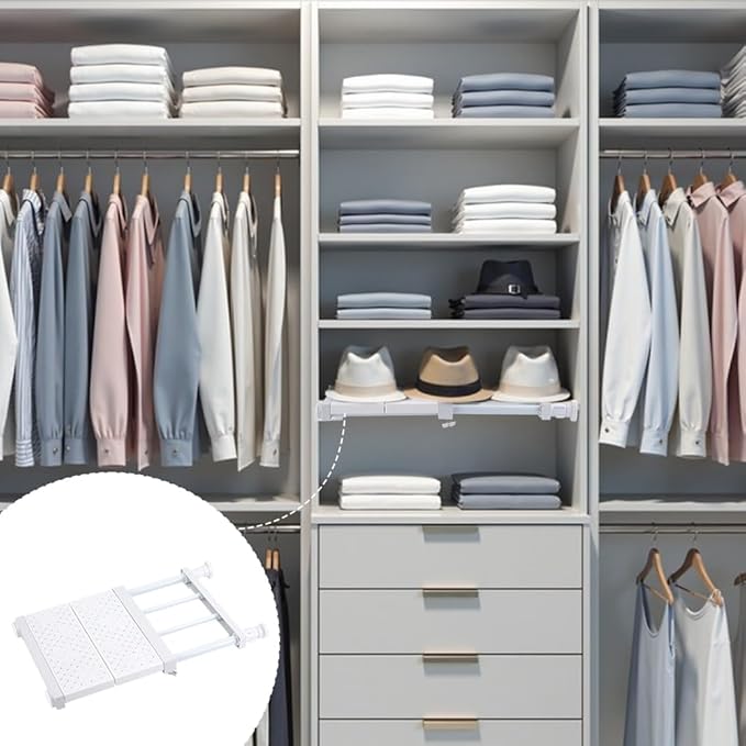 AHANDMAKER 2pcs Closet Tension Shelf Adjustable Pantry Organizers Shelf Scalable Layered Divider Separator for Kitchen Cabinet Wardrobe Bathroom Countertop Home Storage, White
