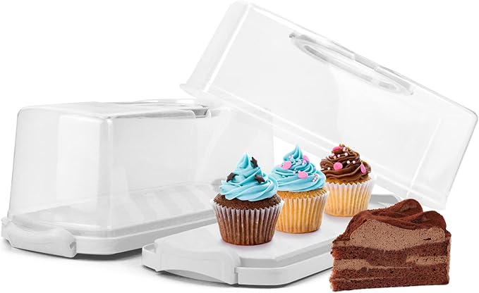 2-Pack Plastic Rectangular Bread Box with Clear Lid, Loaf Cake Keeper, Portable Bread Keeper Storage Container with Handle (White)