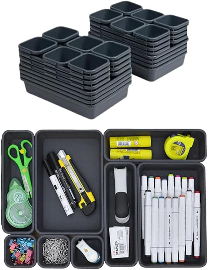64Pcs Interlocking Desk Drawer Organizer Tray, 3 Sizes Desk Drawer Organizer, Plastic Grey Interlocking Junk Drawer Organizers for Cosmetics, Office and Bathroom