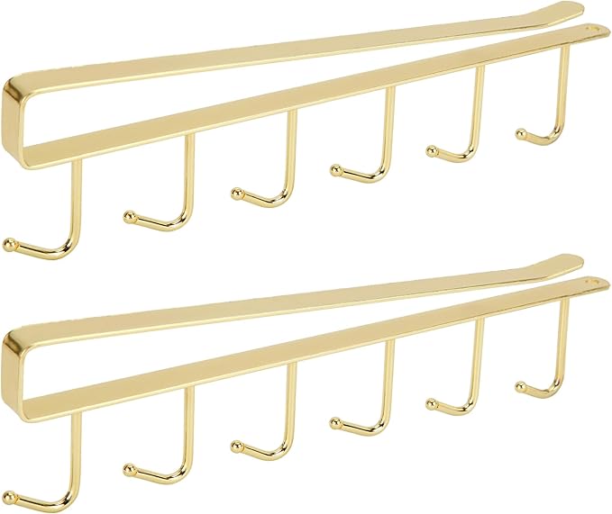2pcs Mug Organizer for Kitchen Cabinets,Under-Shelf Coffee Cup Mug Rack with 6 Hooks,Fit for 1.1 Inch Thickness Shelf or Less,Suitable for Holder Hanger for Cups/Keys Storage/Scarf.Gold