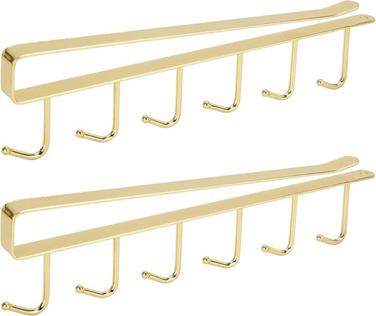 2pcs Mug Organizer for Kitchen Cabinets,Under-Shelf Coffee Cup Mug Rack with 6 Hooks,Fit for 1.1 Inch Thickness Shelf or Less,Suitable for Holder Hanger for Cups/Keys Storage/Scarf.Gold
