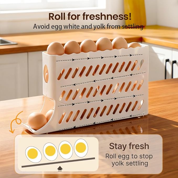 2026 Egg Holder for Fridge, Upgraded 4 Tiers Automatic Rolling Egg Dispenser, No Assembly Required Easy Access, Save Space for Refrigerator Holds up to 30 pcs (Yellow)