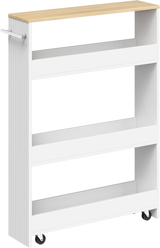 Slim Storage Cart with Wheels, 5.5" Narrow 4-Tier Rolling Cart, Multi-Purpose Utility Cart for Kitchen, Bathroom, Laundry Room, Living Room, White and Natural MTC02WN