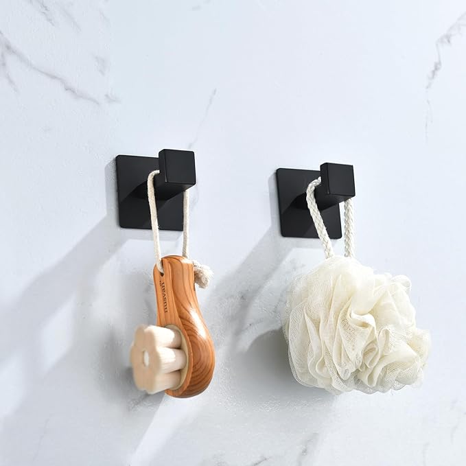 Linatikou Matte Black Adhesive Hooks, 2-Pack Stainless Steel Right Angle Hooks for Towels, Robes, Hats - No Drill Bathroom & Kitchen Organization, Rust-Proof for Smooth Surfaces