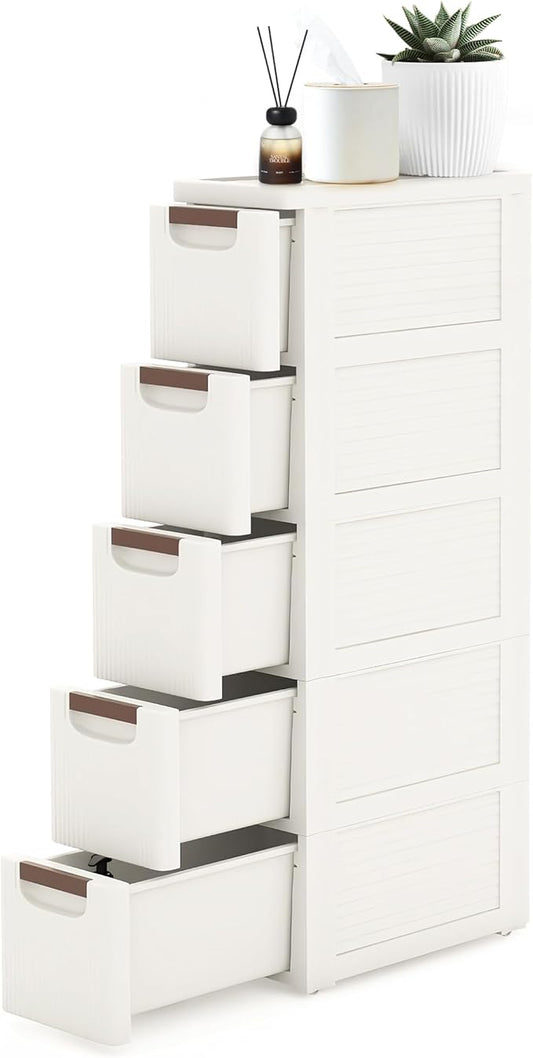 5 Drawers Narrow Storage Cabinet, Slim Bathroom Storage Cabinet, Plastic Rolling Cart Organizer for Small Spaces, Laundry, Office, Home, White