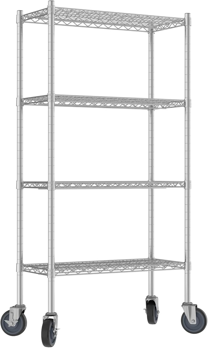 Commercial NSF Listed Chrome Mobile Wire Shelving Kit 14" x 30" x 60", with 4 Shelves Perfect for Warehouse, Walk-in Refrigerator, Freezer, Grocery Store, Restaurant, Dishroom