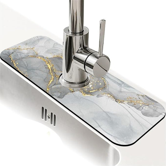 Kitchen Sink Splash Guard，Gold grey marble Faucet Mat Sink Gadgets-Super Absorbent Fast Drying Mat Drip Catcher for Kitchen, Bathroom,Sink Mat, Dish Drying Mat, Bathroom(15" X 5.5" )