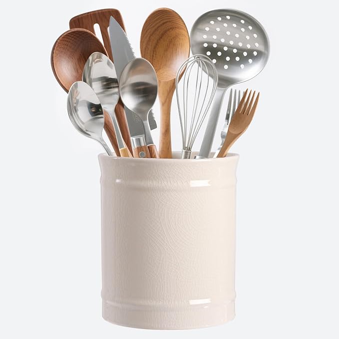 SZUAH Kitchen Utensil Holder, Larger Ceramic Utensil Crock for Kitchen Counter top & Dining Table (Cream, 5.9" x 5.9" x 6.7")