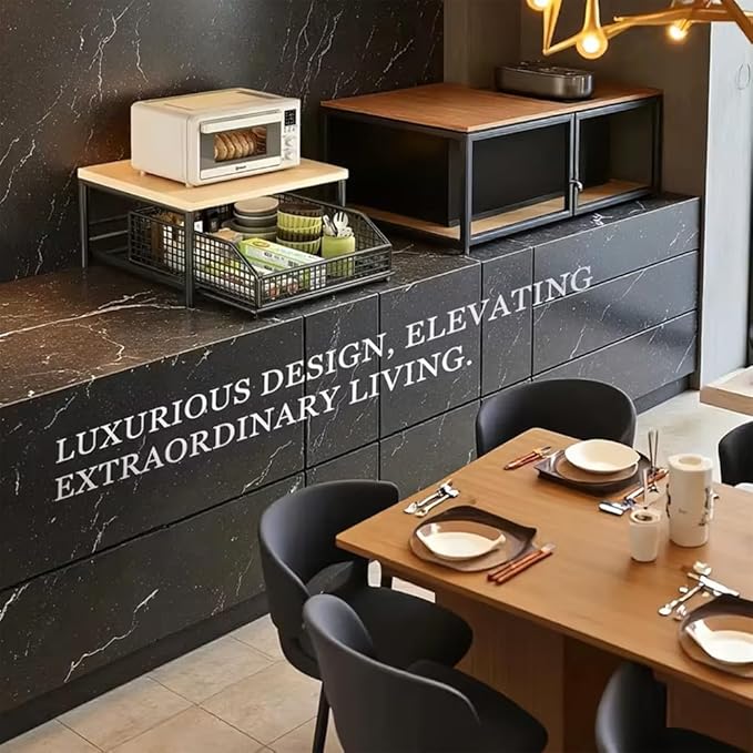 Kitchen Countertop Organizer with Drawer & Wire Basket, 3-Layer Fruit Storage Basket Snack Rack Hardwood, Desktop Pull-Out Metal Organizers for Coffee Maker Microwave Toaster & Spices (2-Layer Black)