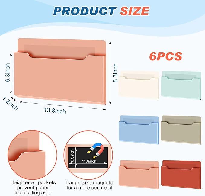 Fuutreo 6 Pcs Magnetic Wall File Organizer Magnetic Wall File Holder Refrigerator Magazine Holder for Mail Letters Paper(Vintage Boho,8.3 x 13.8 Inch)