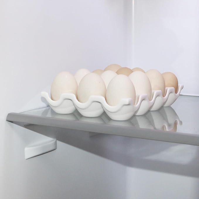 Ceramic Egg Holder, 12 Cups Egg Tray with Non-Slip Base, Porcelain Container for Storing a Dozen Eggs for Fridge and Countertop