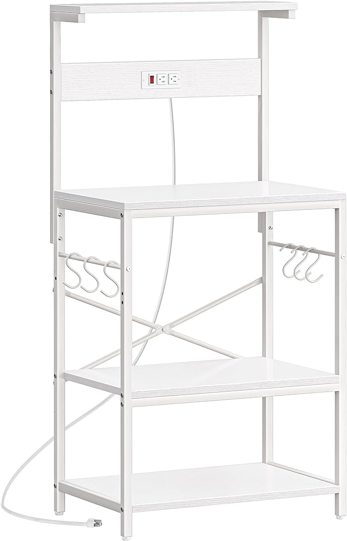 SUPERJARE Kitchen Bakers Rack with Power Outlet, Coffee Bar Table 4 Tiers, Kitchen Microwave Stand with 6 S-Shaped Hooks, Storage Shelf Rack for Spices, Pots and Pans - White