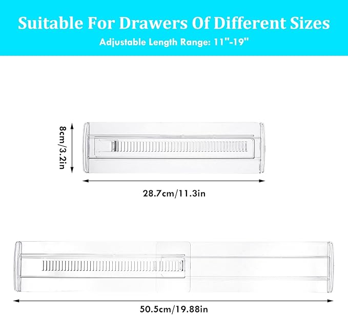 Drawer Dividers, 12 Pack Adjustable Drawer Organizers 3.2" High Expandable from 11.3-20" Clear Expandable Dresser Organizer for Clothes Kitchen Utensils Cutlery Drawer Organizers Set