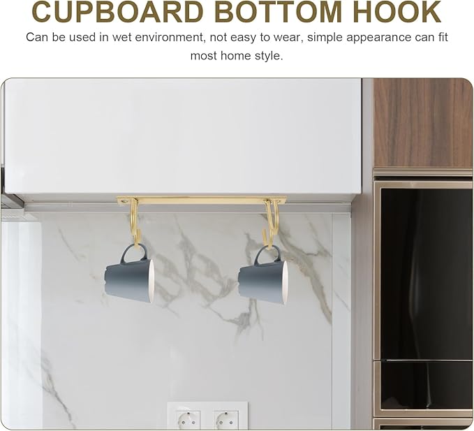 Lurrose Under Cabinet Cupboard Rack Kitchen Utensil Holder Hanger with Gold Hooks Multifunctional Mug Organizer for Kitchen Bedroom Bathroom Storage and Display
