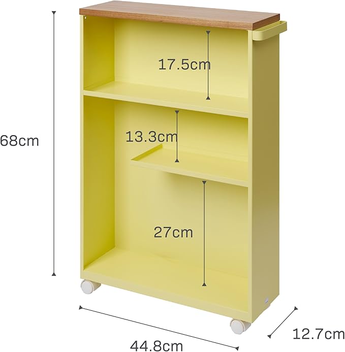 YAMAZAKI Home Slim Rolling Storage Cart – Narrow Bathroom Storage Cabinet with Handle, Slim Bathroom Storage Cart with Wheels, Easy Assembly, Steel + Wood, Yellow, 27" - Steel -