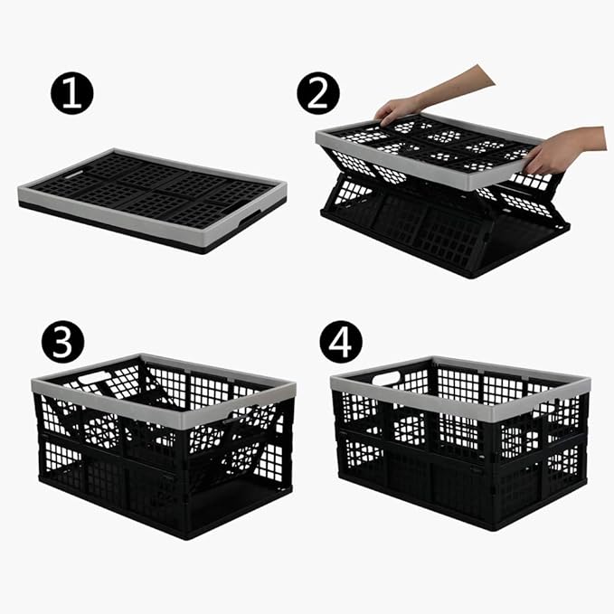 Hommp 2-Pack 40 L Plastic Collapsible Storage Crates, Large Stackable Storage Container Basket, Folding Crates Storage