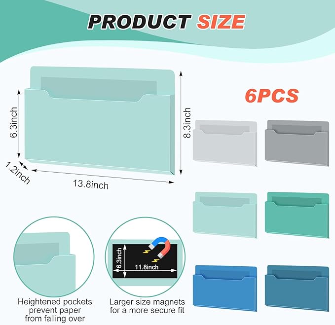 Fuutreo 6 Pcs Magnetic Wall File Organizer Magnetic Wall File Holder Refrigerator Magazine Holder for Mail Letters Paper(Aqua Green,8.3 x 13.8 Inch)
