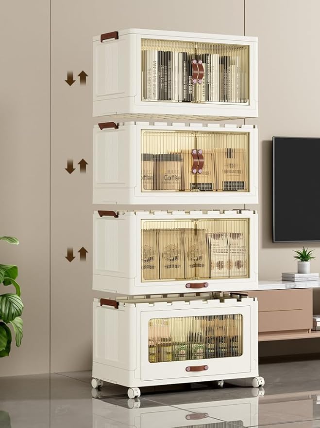 ONAIL 3-Tier Stackable Storage Bins with Lids 65 QT, Collapsible Storage Cabinet Bins with Wheels and Doors, Plastic Foldable Storage Box Container with Drawer for Clothes, Home, Office, Dorm