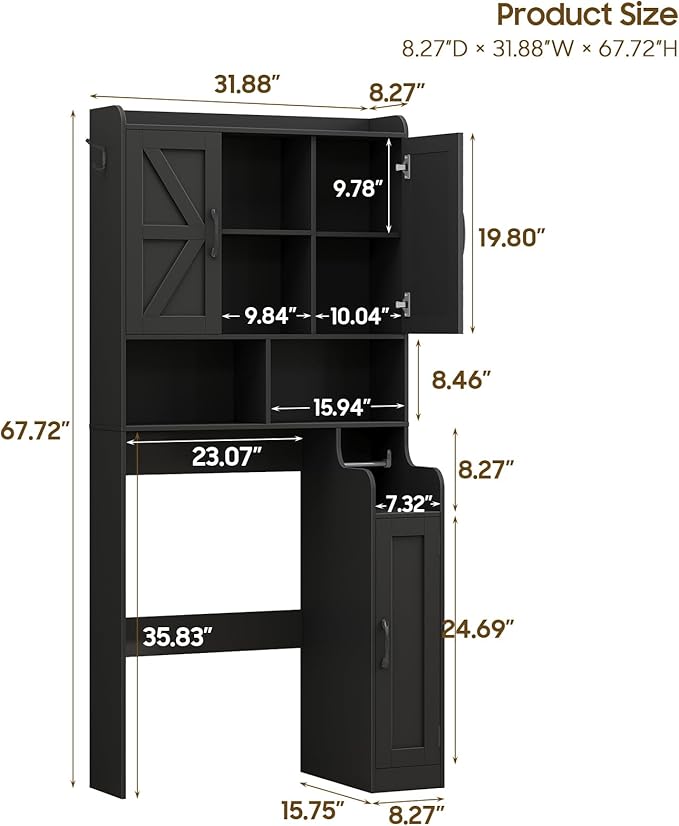 Over The Toilet Storage Cabinet, Bathroom Over Toilet Storage Organizer with Barn Doors and Paper Holder Stand Farmhouse Space Saving Rack Cabinet with Adjustable Shelves for Bathroom, Laundry (Black)