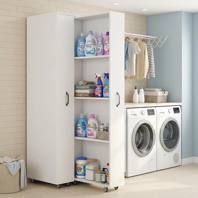 Double Pull Out Pantry Cabinet with Wheels, Slim Rolling Storage Cart for Kitchen, Freestanding 4-Tier Dual Slide Out Organizer for Laundry Room, Space Saving Wood Rack with Guardrails, 62"H White